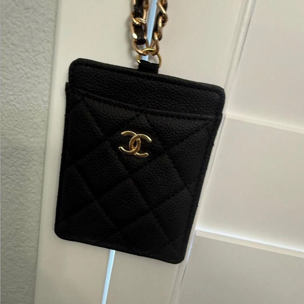 CHANEL Black Leather Card & Key Holder with Gold Chain